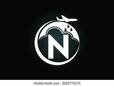 Alfabeto monocasco inicial N con avión y nube. Producción artificial de lluvia. Logo de la siembra de nubes. Logo vectorial moderno para el negocio, e identidad de la empresa