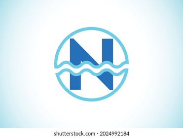 Initial N monogram alphabet in a circle with water waves. Water wave logo design. Logo for the ocean, sea-related business, and company identity