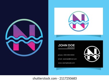 Initial N monogram alphabet in a circle with water waves. Water wave logo design
