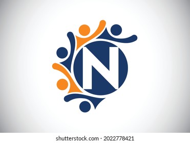 Initial N monogram alphabet with connecting people. Team, cooperation logo sign symbol. Font emblem. Logo for corporate business collaboration and great work