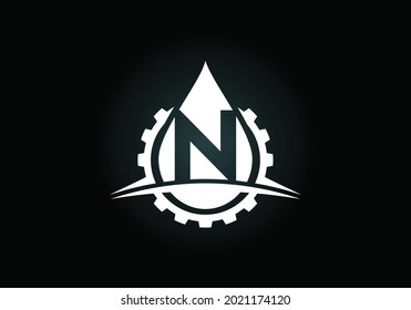 Alfabeto monocasco inicial N con oscilación de engranajes y aceite. Concepto del logotipo del petróleo y el gas. emblema de letra. Logo vectorial moderno para negocios petroleros e identidad de la empresa