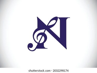 Initial N monogram alphabet with a musical note. Symphony or melody signs. Musical sign symbol. Font emblem. Modern vector logo design template.