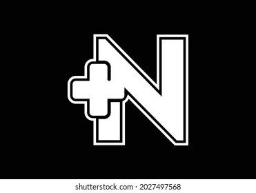 Initial N monogram alphabet with a plus logo sign white in black background. Font emblem. Modern vector logo for medical or health business, and company identity