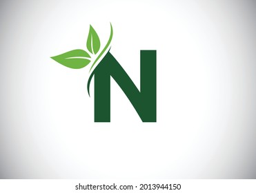 Initial N monogram alphabet with two leaves. Green, eco-friendly logo concept. Modern vector logo for ecological business and company identity