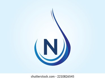 Initial N monogram alphabet with water drop in a spiral. Waterdrop logo design vector template. Font emblem. 