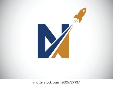 Initial N monogram letter alphabet with a Rocket logo design. Rocket icon. Font emblem. Modern vector logotype for business and company identity.