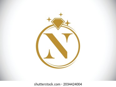Initial N monogram letter alphabet in a circle with Diamond. Diamond ring logo. Jewelry logo design concept. Modern vector logo for business and company identity.