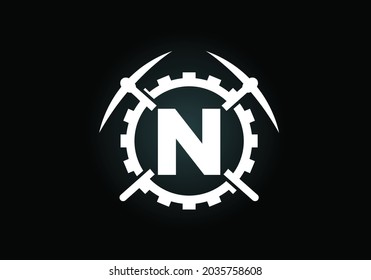 Initial N monogram letter alphabet with pickaxe and gear sign. Mining logo design concept. Modern vector logo for mining business and company identity.