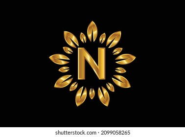 Initial N monogram letter alphabet with leaf wreath. Golden leaf, flower logo design concept. Modern vector logo design for business, and company identity.