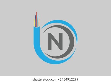 Initial N monogram letter alphabet with electric wire, optical fiber cable.