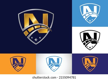 Initial N monogram letter with speedometer and shield sign. The automotive logo design concept 