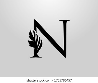 Initial N Swirl Logo. Classic N Letter Design Vector with Black Color and Floral Hand Drawn.
