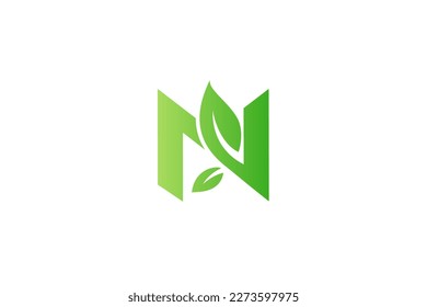 Initial N uppercase logo with natural green leaf combination