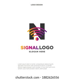 initial N wifi connection communication creative logo template vector illustration