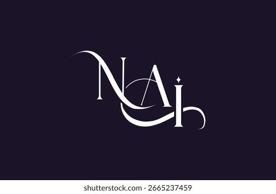 Diseño inicial del logotipo de la letra NAI. Diseño elegante del logotipo del monograma con los Elementos decorativos y la tipografía