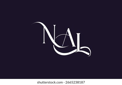 Ursprüngliches Logo für NAL-Buchstaben. Elegantes Monogramm-Logo-Design mit dekorativen Elementen und Typografie