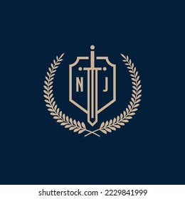 Initial NJ elegant sword and shield icon vector template