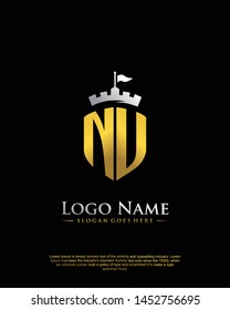 initial NU letter with shield style logo template vector