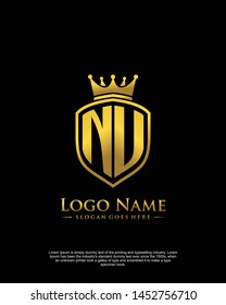 initial NU letter with shield style logo template vector