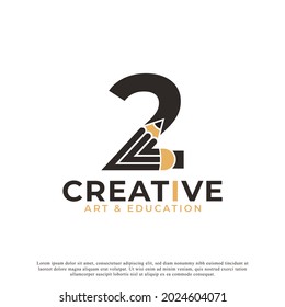 Número inicial 2 con elemento de plantilla de icono de diseño con logotipo de lápiz