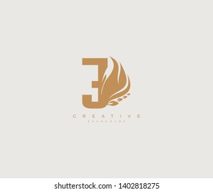Initial Number 3 Elegant Flaming Wings Emblem Monogram