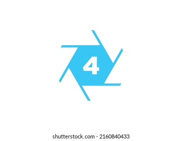 Initial Nummer 4 Fotografy Logo Kamera Objektiv Konzept. Bildlogo in Kombination mit 4-Buchstaben-Logo für Kamera-Zeichen