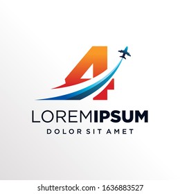 Initial Number 4 with Plane or Travel Logo Design