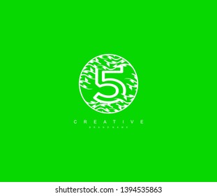 Initial Number 5 Green Monogram Emblem Pattern Stylish Leaf Logo