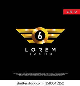 initial number 6 golden wing logo. modern icon, template design