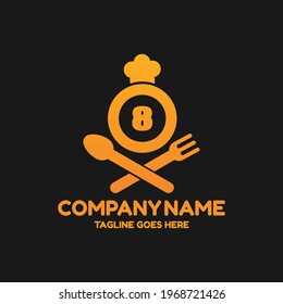 Initial number 8 food Logo Design Template. Illustration vector graphic. Design concept fork,spoon and chef hat With number symbol. Perfect for cafe, restaurant, cooking business