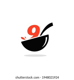 Design-Vorlage für das Logo der ersten Nummer 9. Vektorgrafik von Illustrationen. Design Konzept Schüssel und Löffel Mit dem Symbol Zahlen. Perfekt für Café, Restaurant, Kochkünste
