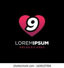 Initial Number 9 with Heart or Love Symbol Logo Design