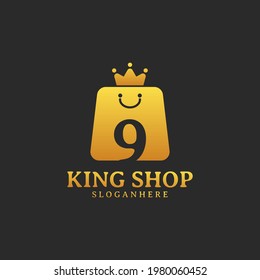 Plantilla inicial de diseño del logotipo de King Shop número 9. Gráfico vectorial de ilustración. Diseño de la bolsa de la tienda y la corona con el símbolo número. Perfecto para Ecommerce, venta, descuento o elemento web de tienda.