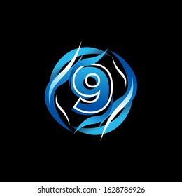 Initial Number 9 Logo Design inside Circle Water or Waves