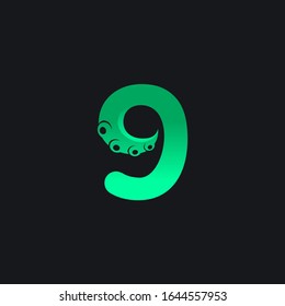 Initial Number 9 Logo Design with Tentacle Element