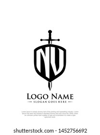 initial NV letter with shield style logo template vector