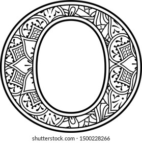 initial o in black and white with doodle ornaments and design elements from mandala art style for coloring. Isolated on white background