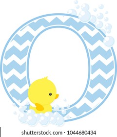 initial o with bubbles and little baby rubber duck isolated on white background. can be used for baby boy birth announcements, nursery decoration, party theme or birthday invitation