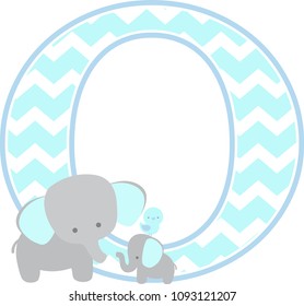 initial o with cute elephant and little baby elephant isolated on white. can be used for father's day card, baby boy birth announcements, nursery decoration, party theme or birthday invitation
