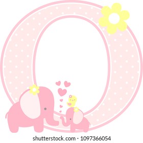 initial o with cute elephant and little baby elephant isolated on white. can be used for mother's day card, baby girl birth announcements, nursery decoration, party theme or birthday invitation