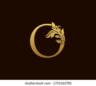 Initial O Gold Leaf Logo Design . Graceful style.  Vintage drawn emblem for book design, wedding ornament, brand name, letter stamp, Restaurant, Boutique, Hotel.  