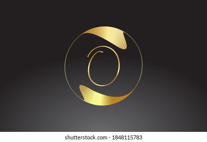Initial O handwritten letter logo with golden elegant design and golden wave circle. Shiny metal creative vector illustration with letter O.