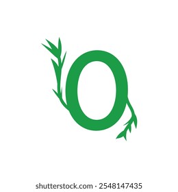 Letra O inicial Um design simples do logotipo verde da empresa com folhas e símbolos de crescimento para representar a natureza, eco-friendly, sucesso e progresso