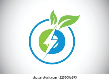 Initial O letter thunderbolt leaf circle or eco energy saver icon. Leaf and thunderbolt icon concept for nature power electric logo 