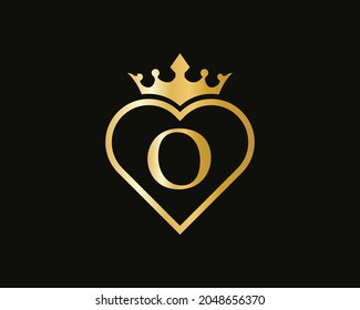 Initial O Logo With Crown and Love Shape. Heart Letter O Logo Design, Gold, Beauty, Fashion, Cosmetics Business, Spa, Salons, And Yoga Vector Luxury Concept Template