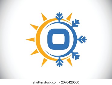 Initial O monogram alphabet with abstract sun and snow. Air conditioner logo sign symbol. Hot and cold symbol. Modern vector logo for conditioning business and company identity