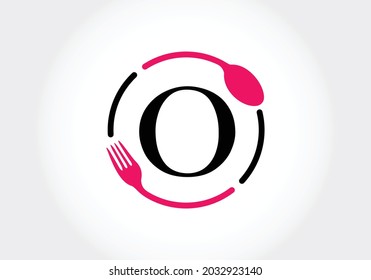 Initial O monogram alphabet with a fork, spoon. Modern vector logo for café, restaurant, cooking business, and company identity