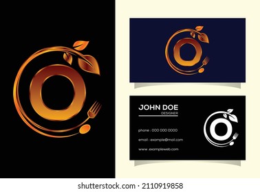 Initial O monogram alphabet with a fork, spoon, and leaf. Healthy natural food logo. Logo for cafe