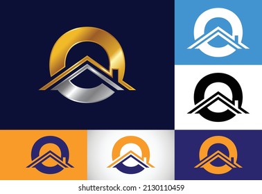 Alfabeto monograma O inicial con el techo. Cartel de casa o casa. Concepto de logotipo inmobiliario. emblema de letra. Logo vectorial moderno para negocios inmobiliarios e identidad de la empresa.