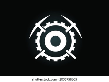 Initial O monogram letter alphabet with pickaxe and gear sign. Mining logo design concept. Modern vector logo for mining business and company identity.